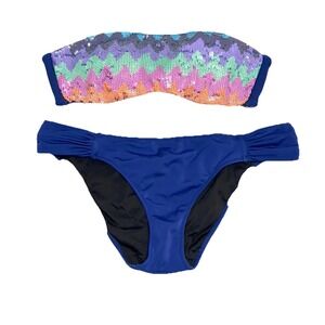 Victoria's Secret Sequin Bandeau Bikini Festival Sparkle Swim Set Top S Bottom M